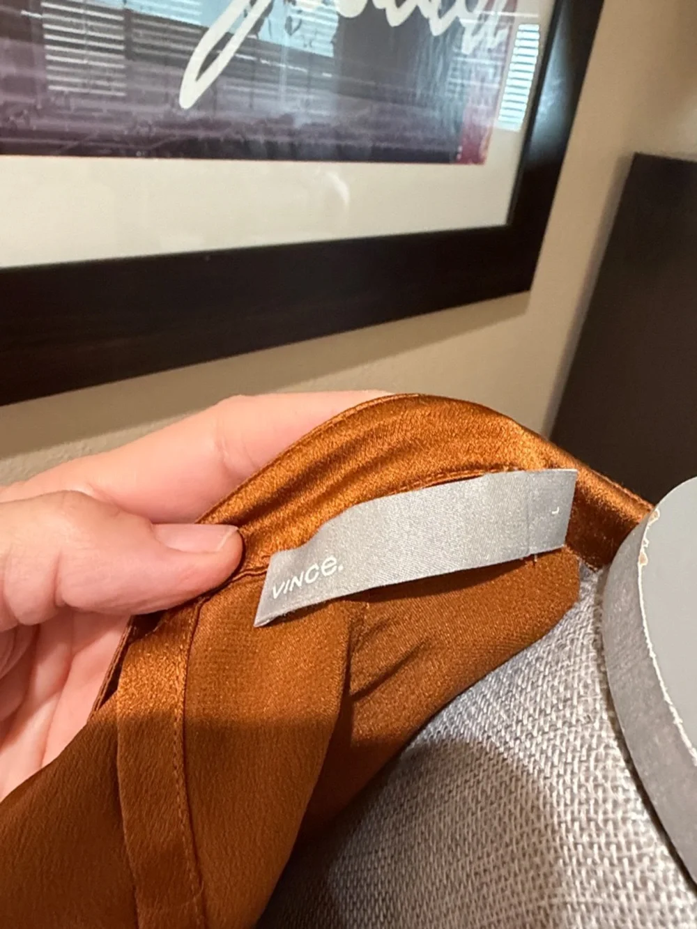 Vince Silk Tie-Neck Popover Blouse in Burnt Orange / Copper - Size L - Picture 5 of 6